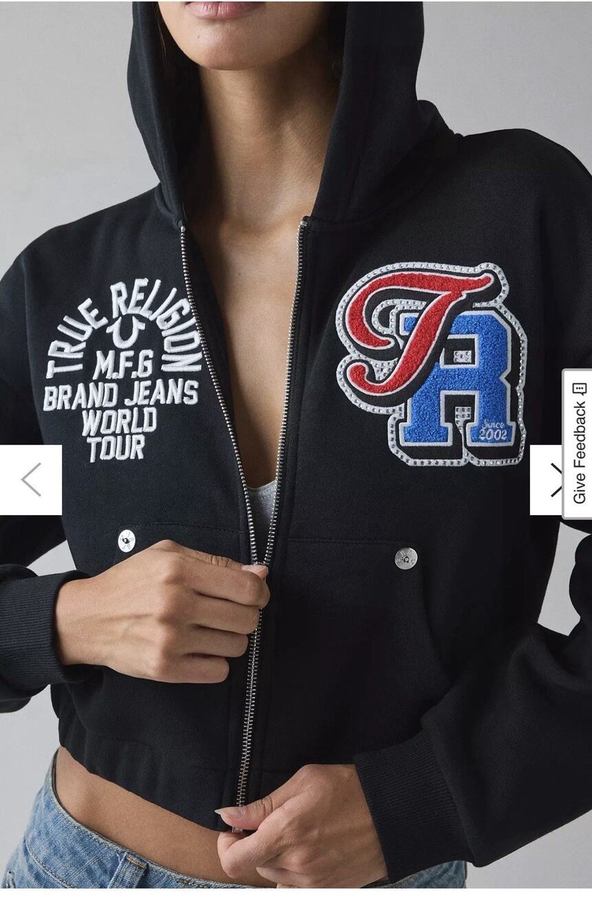 True Religion Crystal Patched Graphic Zip-Up Hoodie Sweatshirt Large Y2K Street